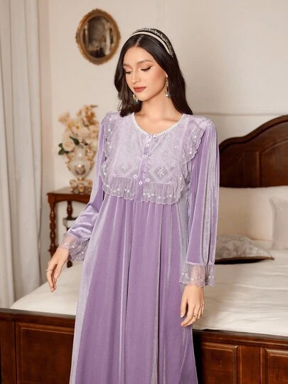 PalaceNights 女士复古宫廷风荷叶边半开襟宽袖丝绒长款睡裙，秋冬长袖睡裙紫色蕾丝边睡衣睡袍女士睡衣睡裙，宽松睡裙