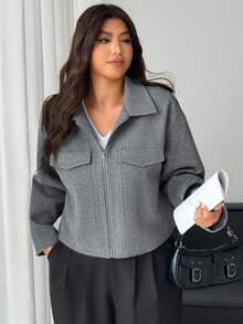 Dazy Plus 大码女式加厚纯色休闲口袋针织短外套，秋冬女式外套 - 灰色 - 查看 8