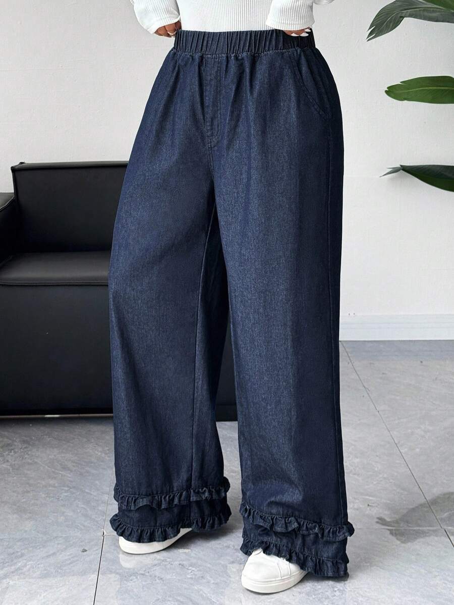 Dazy Plus 大码女式宽松直筒牛仔裤，松紧腰，荷叶边，休闲，深水洗蓝色，四季皆宜