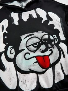 SHEIN 2 件套青少年男孩休闲 Rich Soon 文字和人物印花长袖连帽运动衫和梭织工装裤运动服套装，适合外出、聚会和上学 - 紅色 - 查看 5