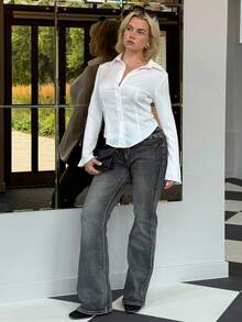 Bethéva 1 chiếc áo sơ mi tay dài loe màu trơn đơn giản cài nút phía trước thanh lịch áo sơ mi trắng cho nữ áo sơ mi công sở áo sơ mi trắng cho nữ - trắng - Xem 6