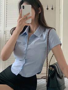 DAZY Damen Einfarbiges Hemd mit Umlegekragen, Taille, Kurzarm, Blau, Frühling/Sommer