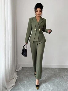 Elenzga 女士秋季翻领长袖金属双排扣夹克和裤子优雅套装 - 軍綠色 - 查看 6