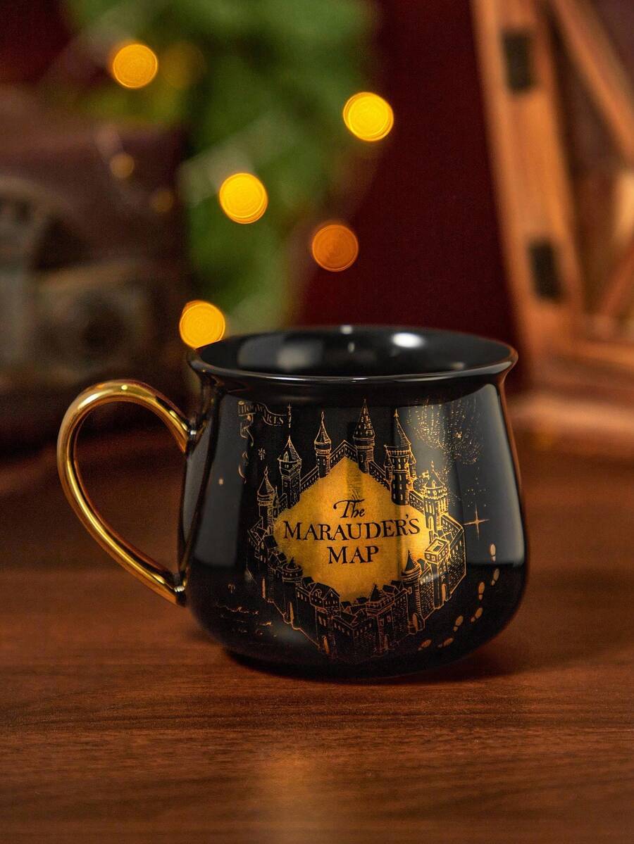 HARRY POTTER X SHEIN 1pc 14oz/400ml Marauder's Map Golden Pattern Ceramic Mug, Heat & Cold Resistant, Suitable For Milk, Juice, Coffee - Black - View 1