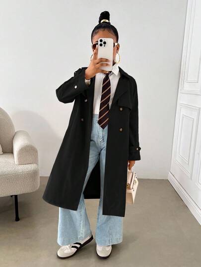 SHEIN Chaqueta larga de estilo militar holgada con solapa de doble botonadura tejida de color negro para niñas preadolescentes, adecuada para ir y venir y uso al aire libre, ropa estética para niñas, abrigo de otoño e invierno