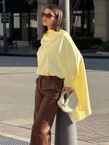Siren Gaze Áo thun cổ khăn dài tay đơn sắc thanh lịch dành cho nữ - Màu vàng - Xem 6