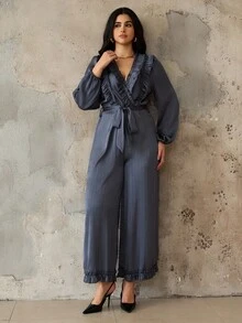 Roveilla Tuta elegante da donna taglie forti con scollo a V, maniche a lanterna, gamba ampia e rifiniture a balze in stile patchwork - Albicocca - Visualizzare 7