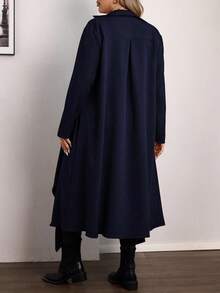 Vionelle 大码休闲瀑布领长款外套 秋季女装 女士长款开衫 长款开衫 女士藏蓝色亚麻女装 大码亚麻不对称女装 不对称大码 - 藏蓝色 - 查看 2
