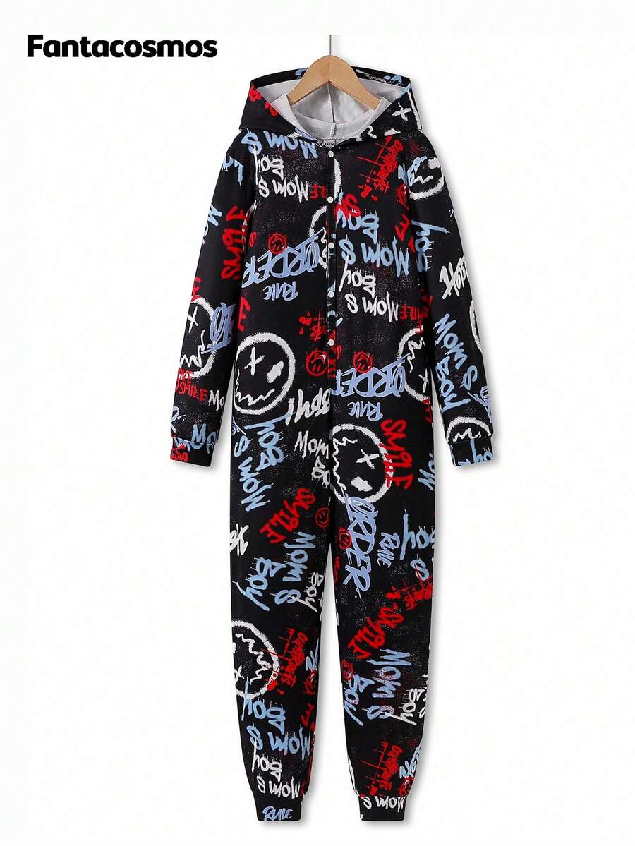 男士红蓝连帽连体裤，涂鸦笑脸元素，休闲街头个性夸张动感 - 黑色 - 查看 1