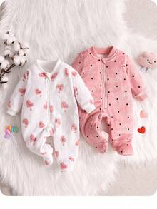 2 件装女婴长袖爱心与波尔卡圆点印花羊毛连帽连体衣，秋冬款