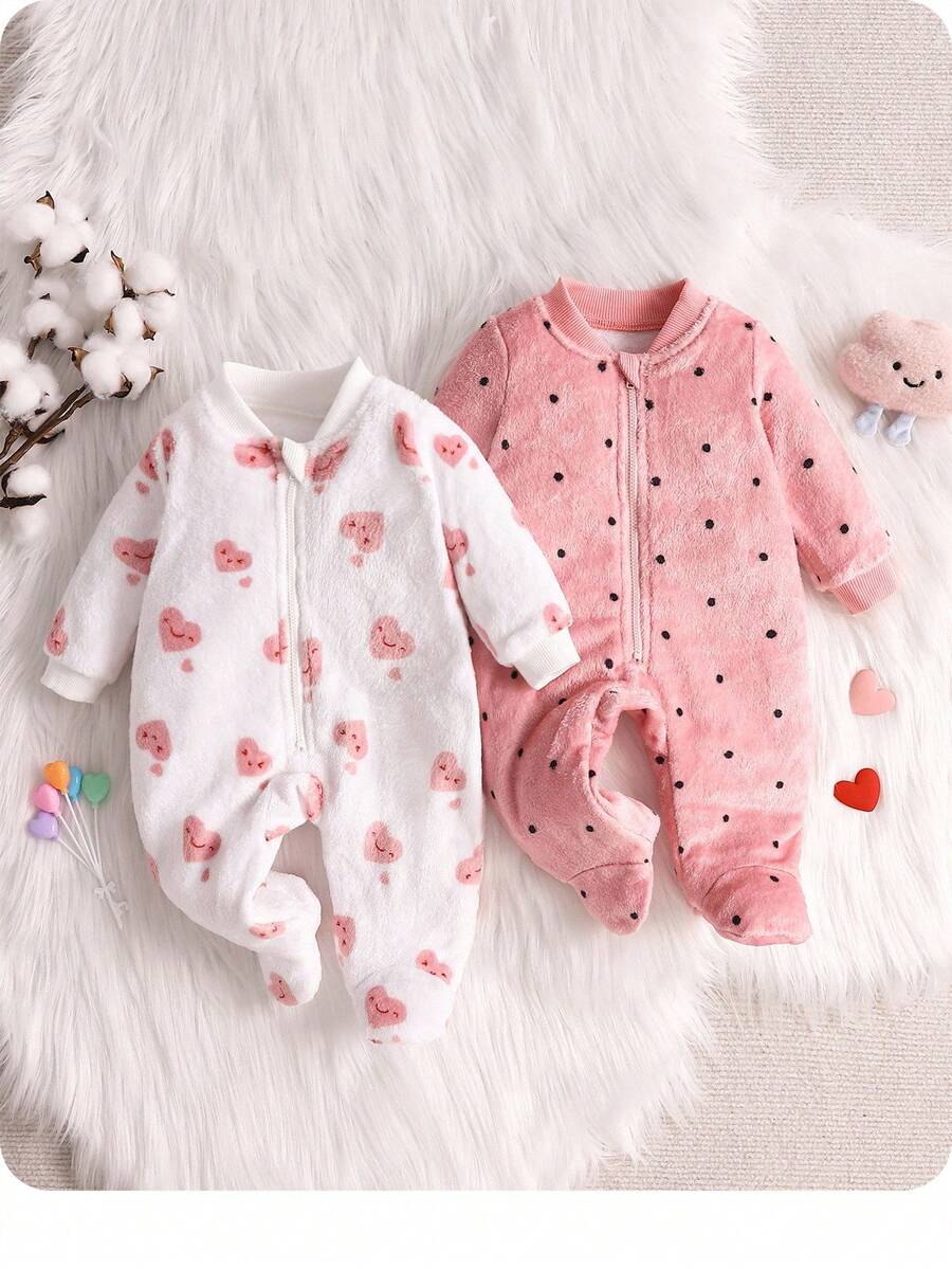 2 件装女婴长袖爱心与波尔卡圆点印花羊毛连帽连体衣，秋冬款
