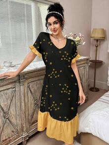 CottageSlumber Contrast Color Ruffle Hem Floral Print V-Neck Short Sleeve Nightgown - Black - View 6