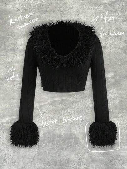 Y2Kool BiGraphic Suéter corto con cuello de peluche y amarres, estilo streetwear oscuro Y2K, adecuado para fiestas, reuniones y uso casual en otoño/invierno, nueva colección de ropa de estilo para Año Nuevo