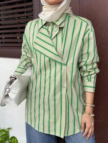 DAZY Tricou casual cu dungi largi 2 în 1 pentru femei, mânecă lungă, top modest la modă