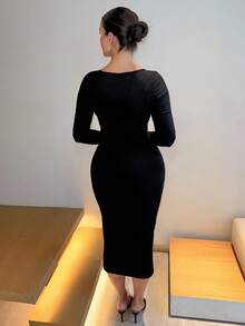 MDEdit 秋装纯色方领紧身黑色长袖连衣裙，女士优雅长袖方领修身长款黑色常规袖纯色紧身女式长裙，春/秋，休闲日常穿着 - 黑色 - 查看 2
