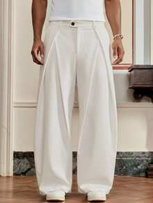 SWAVVY Men's Woven Casual Loose Straight Leg Solid Color Pants - White - View 3