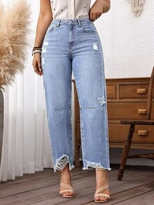 EMERY ROSE Vinter Plus Size Dam Cowgirl Blå Oelastiska Slitna Frayed Nedanför Lösa Beskurna Jeans, Rodeo - Ljustvätt - Visa 4