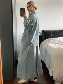 DAZY Women's Casual Washed Denim Top And Skirt Set Fall,Winter - Blue - View 2