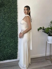 Andrea Bello 2 件套女士粉色褶皱抹胸短款上衣和低腰褶皱抽绳长裙，海滩度假装，夏季波西米亚露背连衣裙，音乐节连衣裙，伴娘 2 件套 - 杏色 - 查看 3