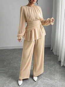 Elenzga Elegancki, francuski styl, bluzka z plisowanym wiązaniem i luźnymi spodniami w jednolitym kolorze, plus size, komplet 2 sztuk