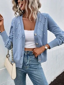 EMERY ROSE Cárdigan casual de manga larga para mujer con decoración de perlas falsas, otoño