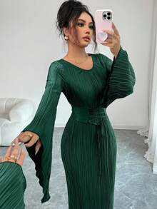 Elenzga Women's Solid Color V-Neck Flare Sleeve Waist Tie Design Pleated Fitted Elegant Elegant Dress Party Dark Green Autumn - Dark Green - View 7