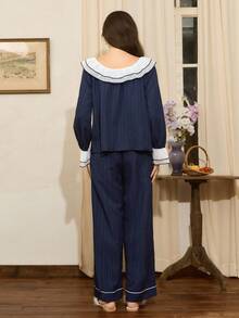 SHEIN Côtesoire Set de pijamale pentru femei cu mânecă lungă, cu guler dublu și volane, în culori contrastante, cu decor cu nasturi, haine de toamnă