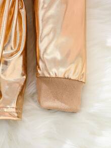 SHEIN 女婴金属纽扣长袖毛领外套，秋冬 - 金色 - 查看 6