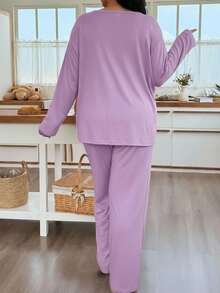 SHEIN Doze Lane Bộ đồ ngủ thường ngày in chữ tay dài cỡ lớn kèm quần dài, trang phục ấm áp, quần áo thu đông - Màu tím - Xem 3
