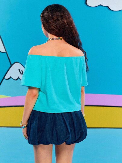 Adventure Time X ROMWE T-shirt décontracté à manches courtes et épaules dénudées avec motif de dessin animé, pour femmes grandes tailles, été