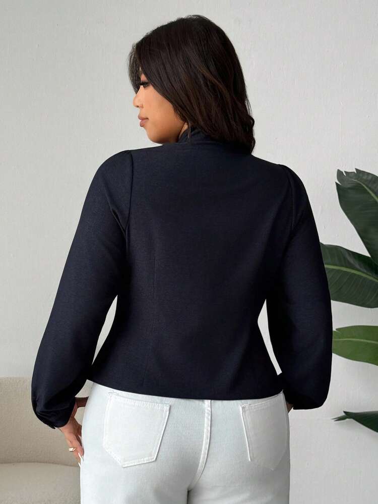 Dazy Plus Bowknot Collar Tie-Front Fitted Long Sleeve Cropped Blouse, Elegant Plus Size, Spring/Autumn