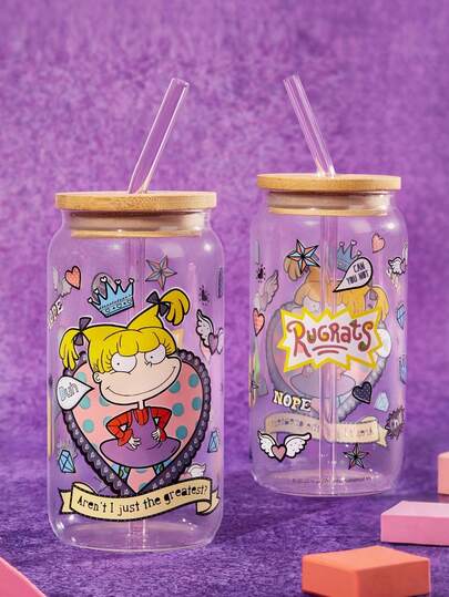 Nick 90s | SHEIN 1 个 500ml/17.6oz 卡通图案玻璃杯，带吸管清洁刷，耐热耐寒，适用于牛奶、果汁等。