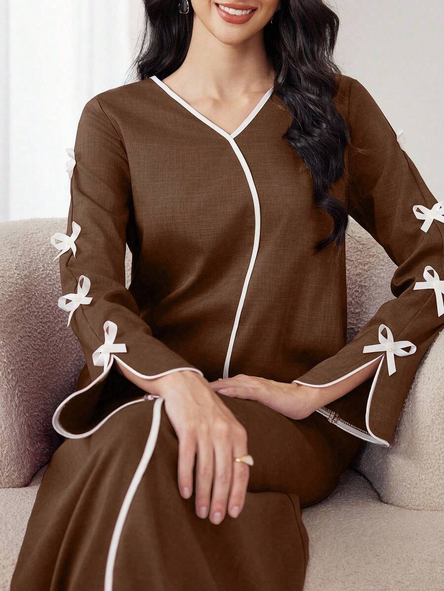 Yasmyna 女士优雅浪漫蝴蝶结撞色条纹派对连衣裙，休闲 A 字型阿拉伯连衣裙，适合日常休闲 - 棕色 - 查看 1