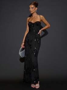 SHEIN BAE Váy dự tiệc cocktail dài thanh lịch thêu kim sa, dây mảnh, viền đuôi cá dành cho nữ, váy dự tiệc ngắn màu đen, thích hợp cho các bữa tiệc, sự kiện trang trọng, dạ hội, ngày lễ, Halloween, Giáng sinh - màu đen - Xem 4