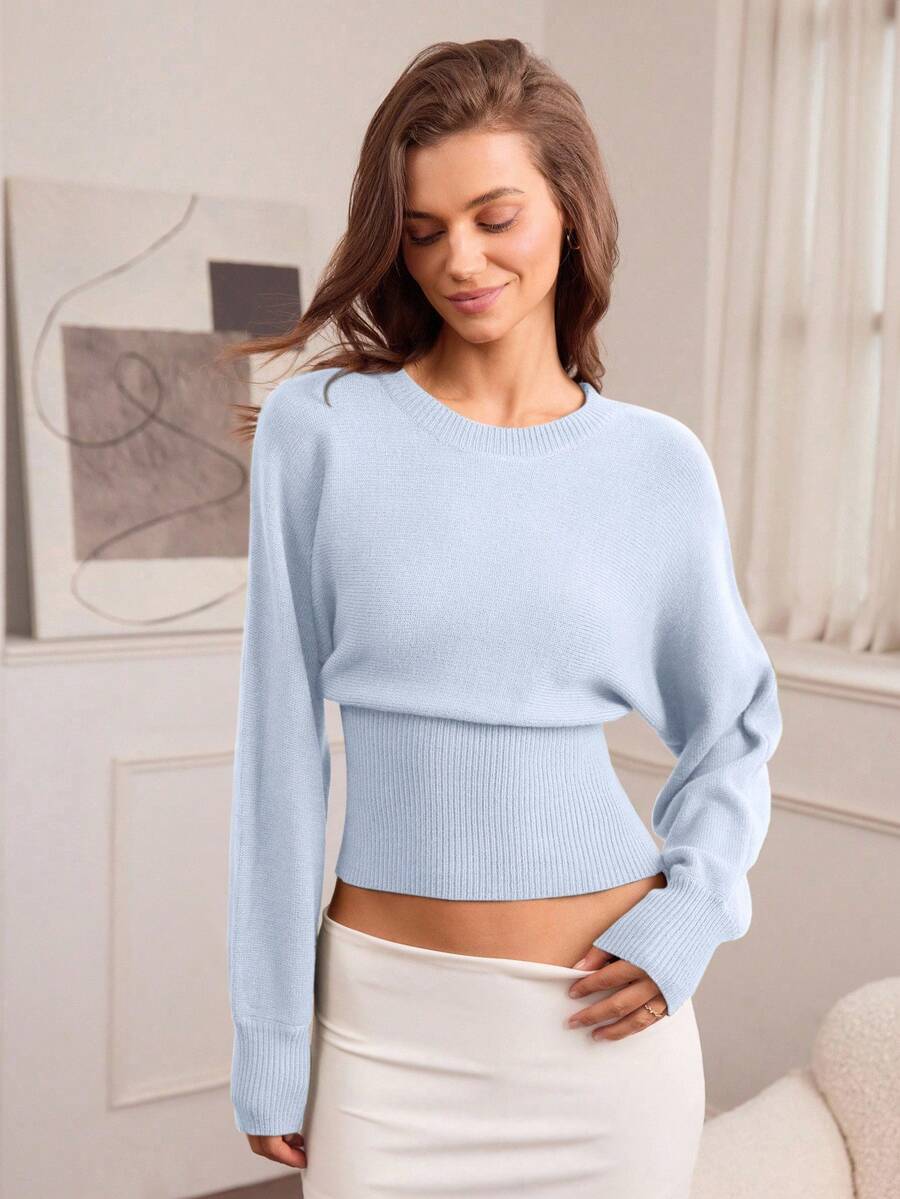 Hanevo Áo len dệt kim cổ tròn, eo rút dây, dáng ôm, màu trơn, đa năng cho mùa thu/đông - Màu xanh nhạt - Xem 1