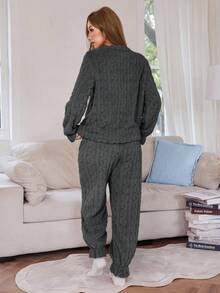 SHEIN 女士蝴蝶结刺绣抓绒拼接蝴蝶结装饰长袖上衣和裤子睡衣套装，舒适冬装，蓬松柔软 - 灰色 - 查看 2