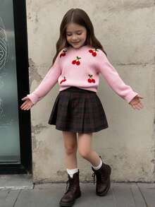 Sparklyn Young Girls Casual And Cute Pink Knitted Long-Sleeved Sweater With Cherry Embroidery Patterns Is Soft And Comfortable. It Is Suitable For Daily Life, Traveling, Vacation, Home, Nursery And Children's Play. It Is Suitable For Autumn And Winter, Christmas, School Opening And Parties. It Is Versatile For Autumn And Winter Clothing . Girls Clothes - Pink - View 11