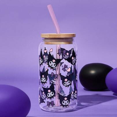 HELLO KITTY AND FRIENDS | SHEIN 1 Pezzo Tazza in Vetro Borosilicato Resistente al Calore con Motivo Carino, Comprensiva di Spazzolino per la Pulizia della Cannuccia, adatta per Latte, Succhi, Caffè ecc.