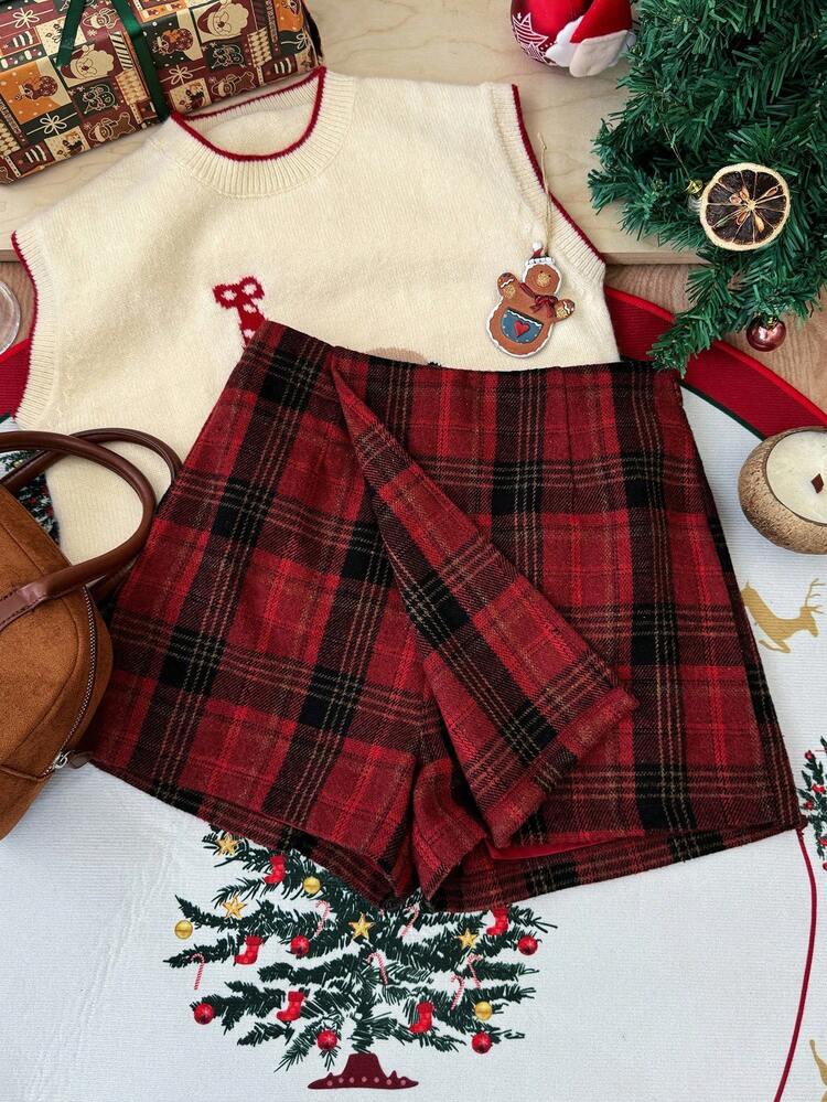 Teen Girl Christmas Plaid Wrap Mini Skirt,New Year