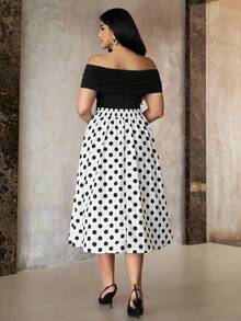 Roveilla 大码女式拼色波尔卡圆点露肩短袖优雅连衣裙 - 黑與白 - 查看 2