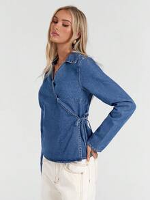 Avantive Aqua Blue,Autumn,Casual,Everyday Women's Cowgirl Denim Top,Turndown Collar Long Sleeve Wrap Tie Blue Washed Denim Blouse,Elegant Chic Vintage Shirt - Blue - View 3