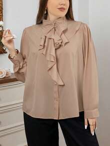 Firerie Plus Size Women's Stand Collar Long Sleeve Ruffle Hem Elegant Commuter Asymmetrical Blouse Elegant Blouses Ruffle Blouse Formal Blouse Modest Blouse Gold Button Blouse Long Sleeve Blouse Blouse With Ruffles Spring - Apricot - View 6