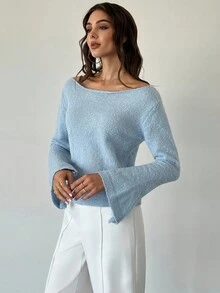 Firerie Pulover tricotat elegant pentru femei, casual, versatil, pentru utilizare zilnică, urbană, cu guler rotund, mâneci lungi evazate, manșete cu crăpături, potrivit pentru toamnă/iarnă, pentru profesoare, stil confortabil de toamnă