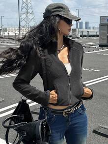 DAZY Outdoor Fitted Jacket With Raglan Sleeves, Autumn - Dark Grey - View 5