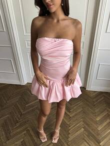 SHEIN BAE Solid Color Sexy Sweet Minimalist Bandeau Ruched Mini Skirt - Pink - View 4