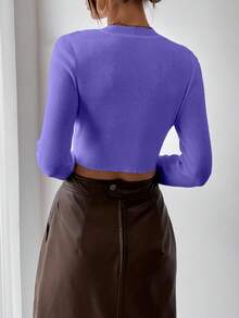 RosyDaze Women's Casual Everyday Commute Minimalist Solid Color Fitted Cropped Pullover Sweater, Autumn - Bold Plum - View 2
