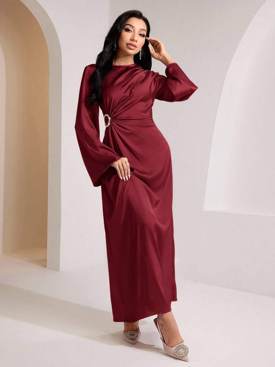 Veilorie Vestido de manga larga elegante con decoración de anillo de metal plisado de unicolor para mujer