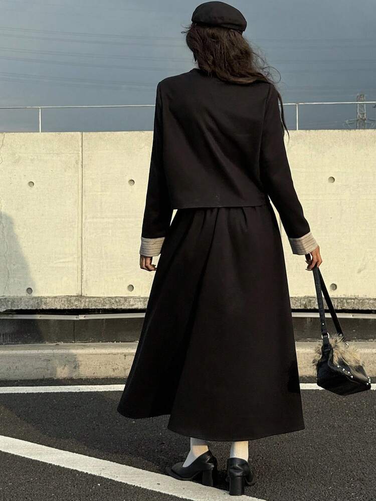 2pcs Women's Bow Decor Jacket And Pleated Skirt Set, Autumn