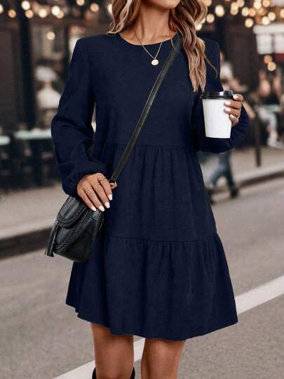SHEIN LUNE Casual Solid Color Round Neck Lantern Sleeve Dress, Autumn