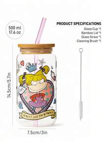 Nick 90s | SHEIN 1 pieza Taza de vidrio con figura de dibujos animados de 500ml/17.6oz con cepillo de limpieza para pajita, resistente al calor y al frío, adecuada para leche, jugo, etc.
